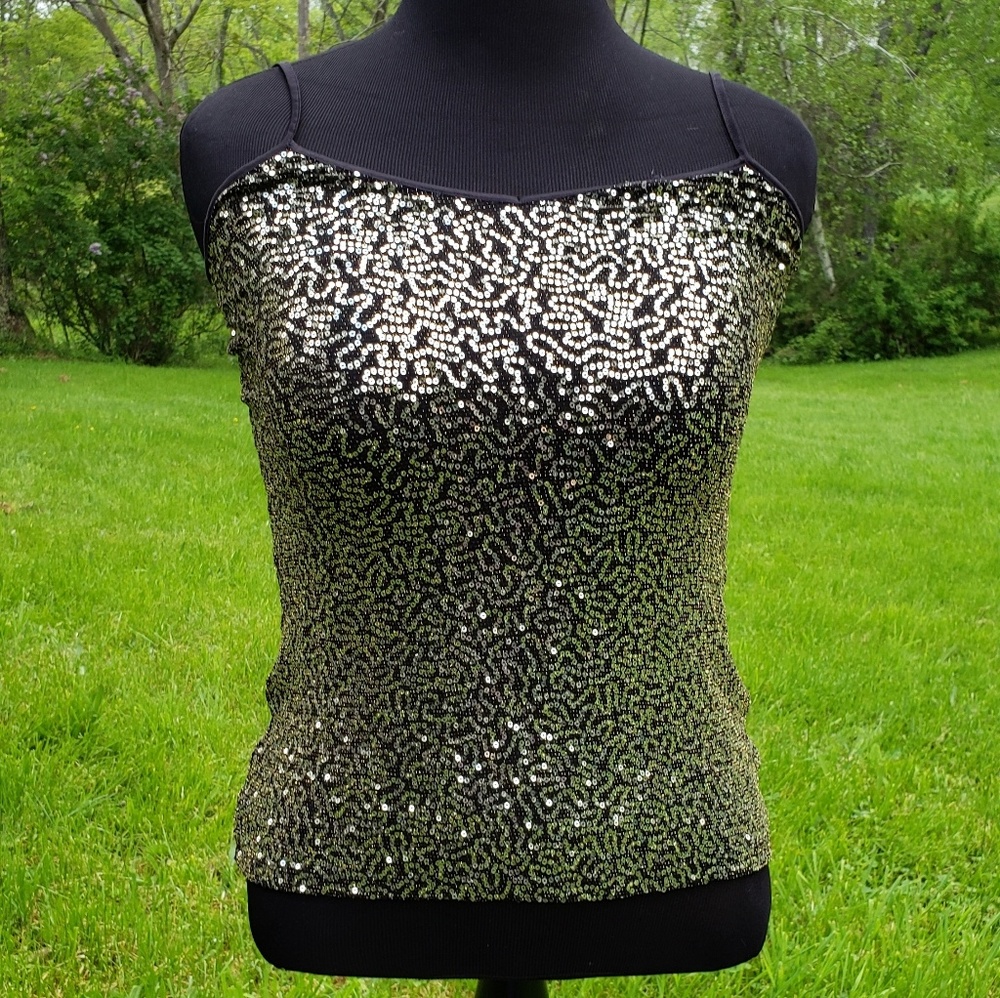 Express Gold Sequined Black Tank Top Size S